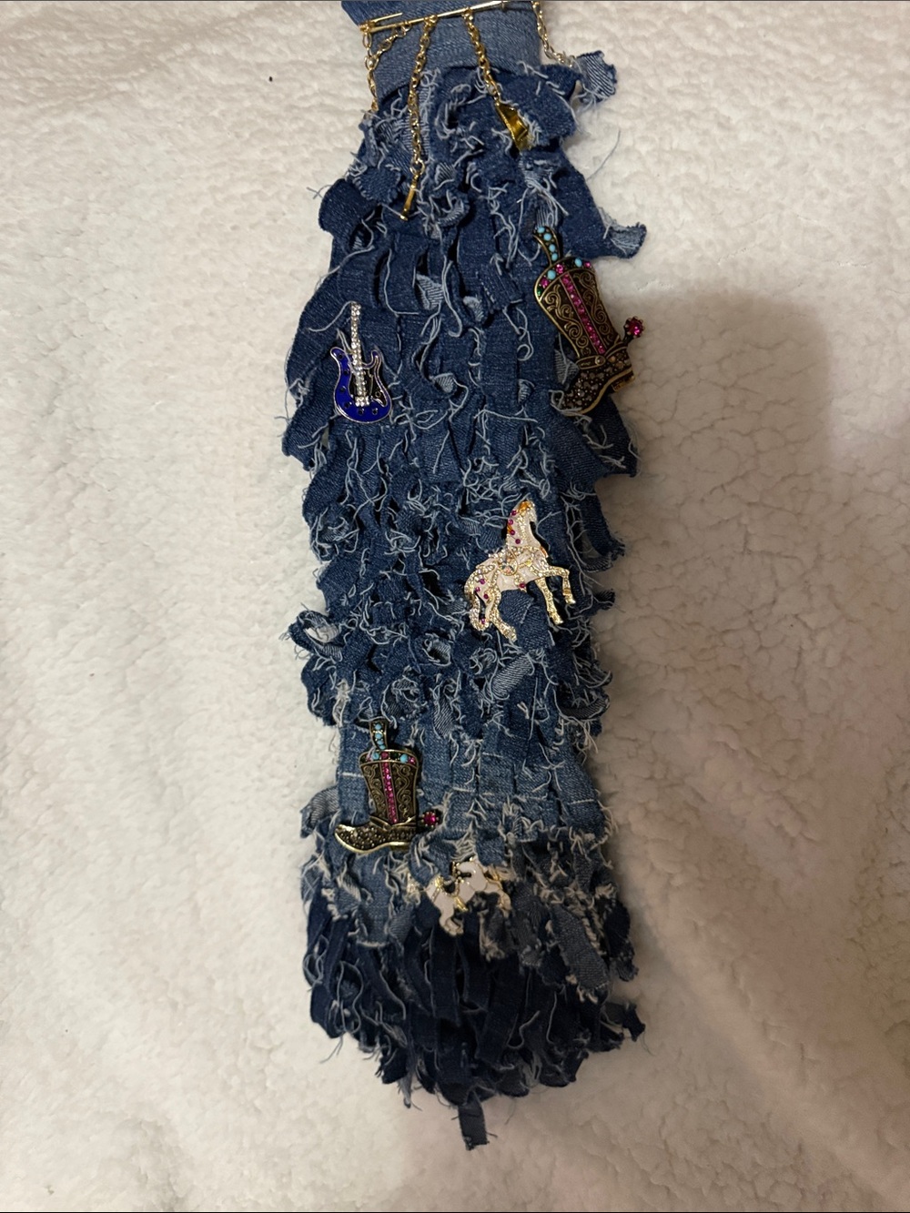 Fringed Denim Necklace with Musical & Horse Charms